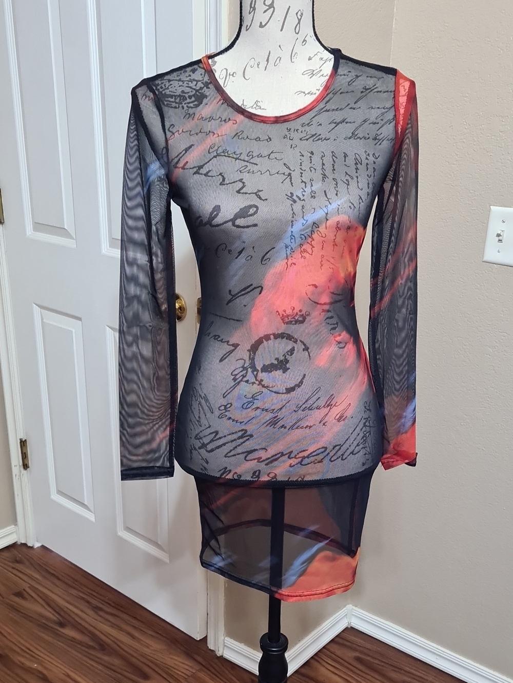 Sheer Script-Print Long Sleeve Dress in Black and Coral